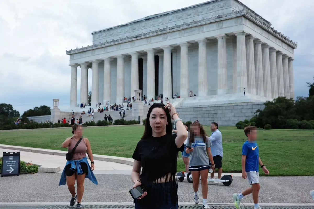 June Zhang in front of the Lincoln Memorial in Washington, D.C.